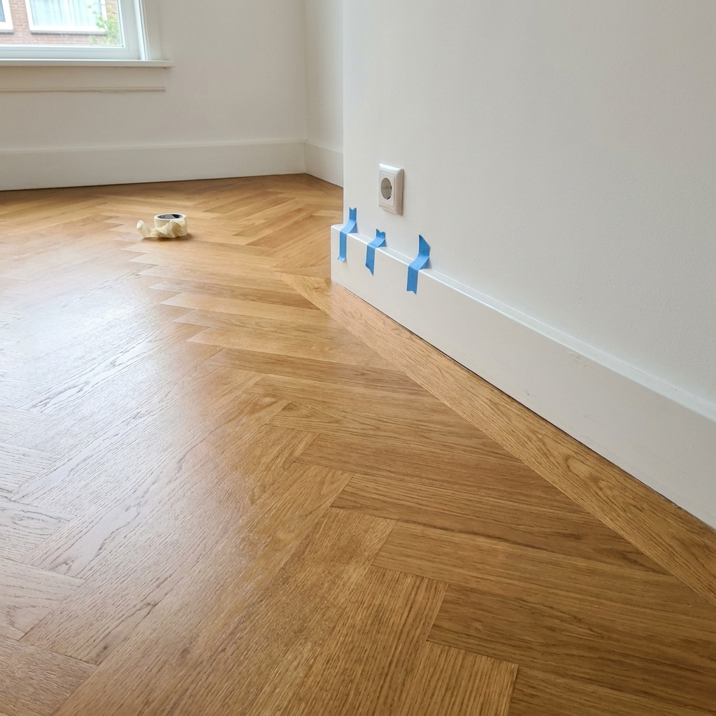 Detail visgraat tegen plint