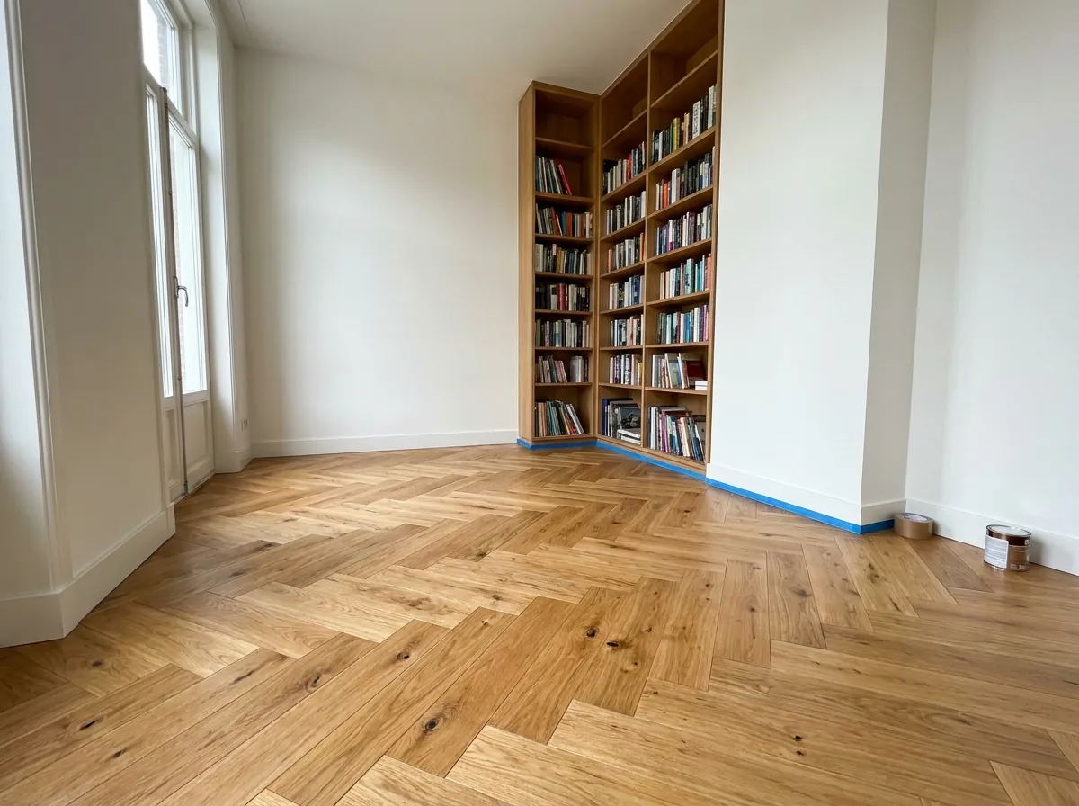 Boekenkast op herringbone parket