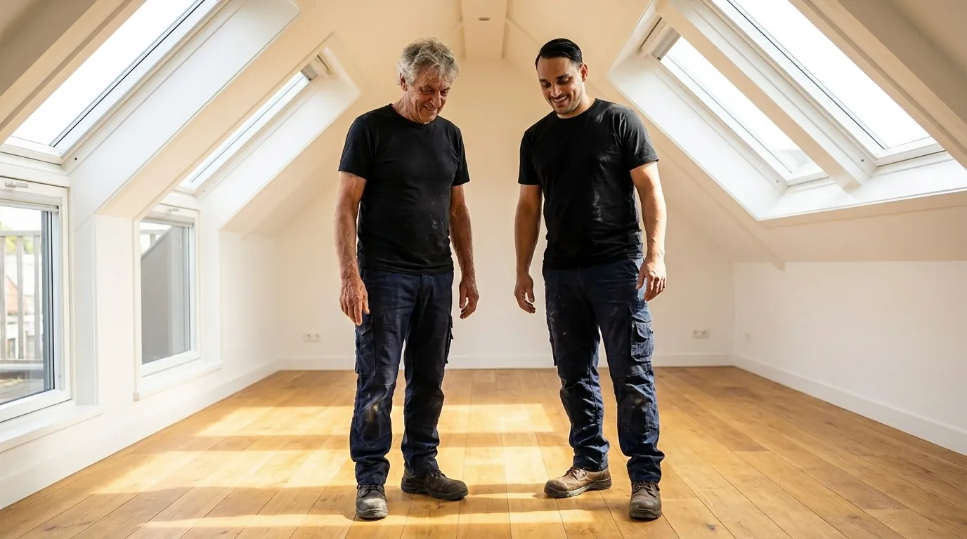 Vader en zoon van Woodler trots op een vers gelakte vloer in een lichte zolderkamer